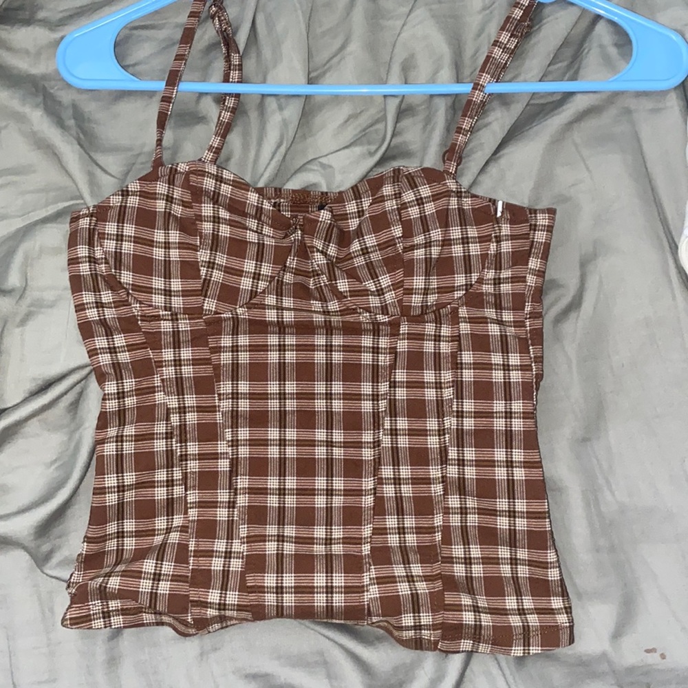 Divided Brown Gingham Plaid Corset Tank Top